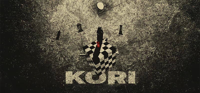 KORI: Checkerboard cube with a red figure, surrounded by chess pieces and textured background.