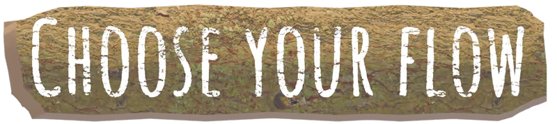 Koromi: White distressed text “CHOOSE YOUR FLOW” on a mossy stone banner.