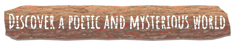 Koromi: White stencil text “DISCOVER A POETIC AND MYSTERIOUS WORLD” on rock banner.