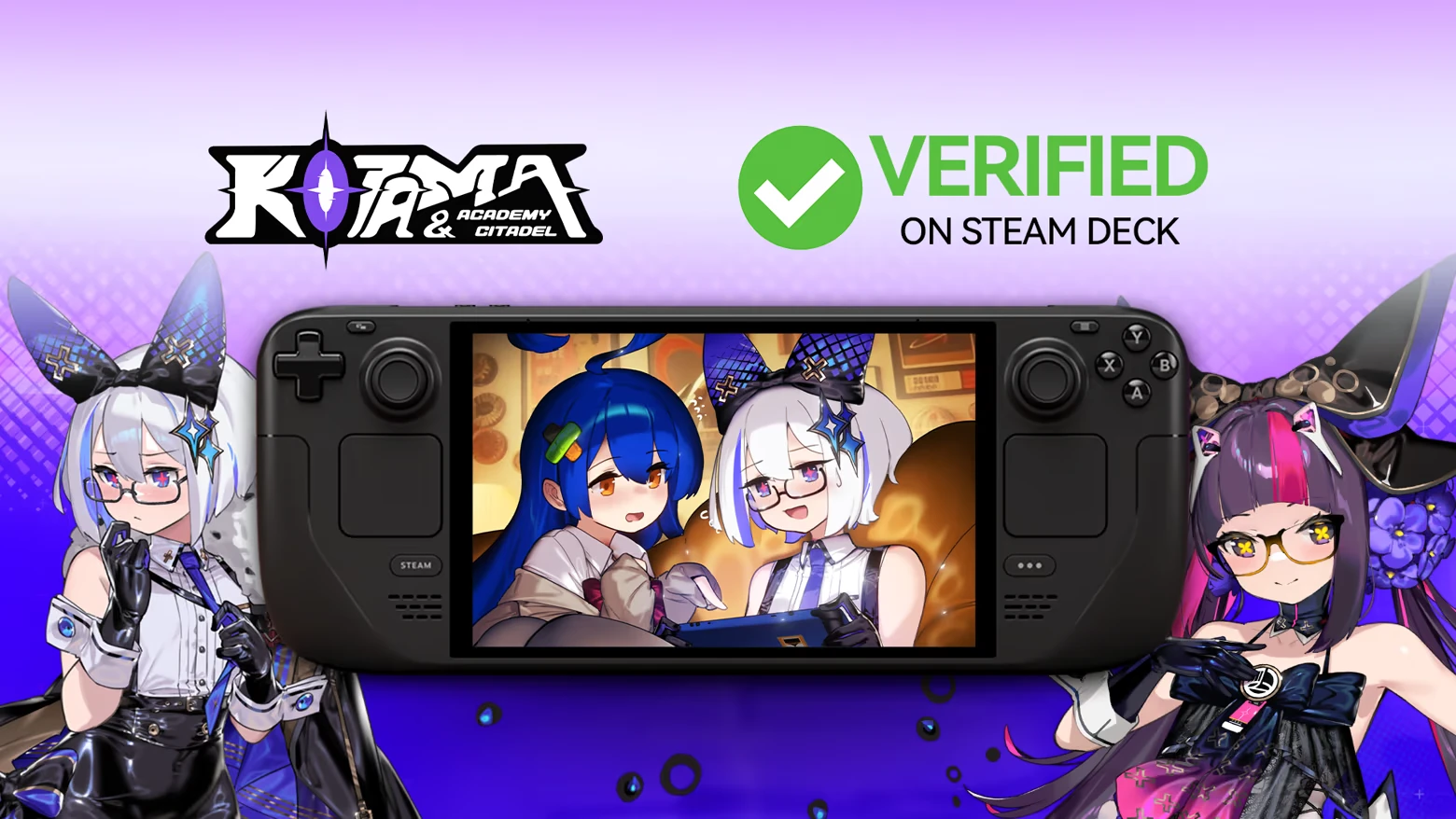 Kotama and Academy Citadel: Game logo, characters on Steam Deck, "VERIFIED ON STEAM DECK" text.