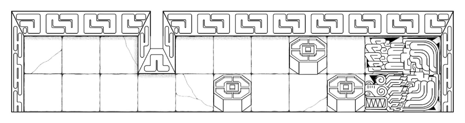 Serpent Wall Relief – KUKULBAN KUKULBAN: Stone-tile corridor with three octagonal blocks and a carved serpent wall panel.