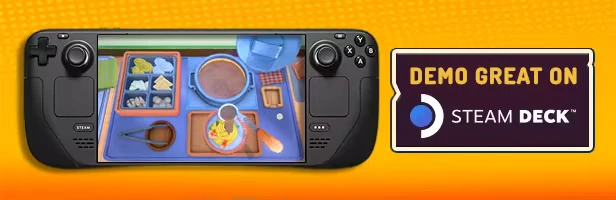 KuloNiku: Steam Deck screen shows a cooking station with ingredients and a pot. Text: "DEMO GREAT ON STEAM DECK".