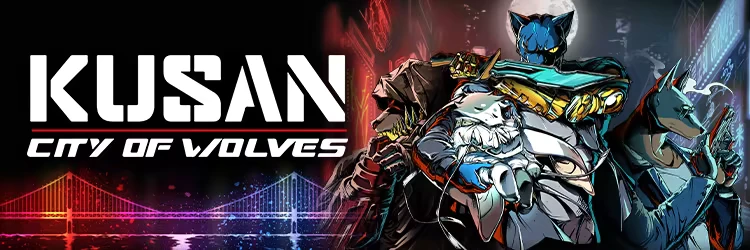 Wolf Crew Art – Kusan: City of Wolves Kusan: White KUSAN logo, City of Wolves text, armored cat holding a white kitten.