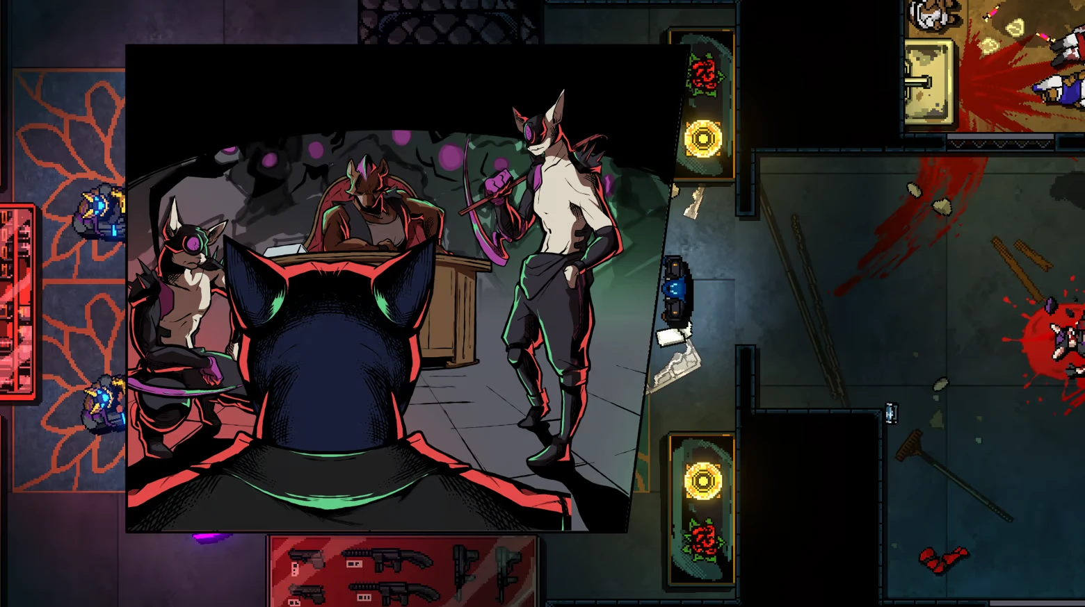 Wolf Gang Meeting – Kusan: City of Wolves Kusan: Comic panel of masked wolf men in a room, one holding a scythe.