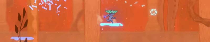 Kuzo: Blue creature with green umbrella jumps on glowing platform in orange cave.