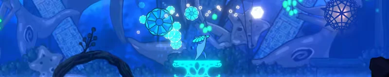 Kuzo: Blue cavern with glowing teal flowers, floating lights, and a bright platform.