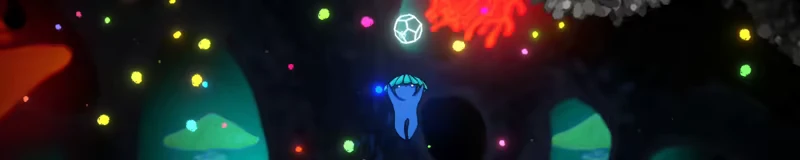 Kuzo: Blue figure under glowing orb, colorful particles, green hills, red coral above.