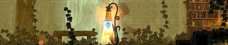 Kuzo: Glowing streetlamp with blue flame amid vines, bookshelves, and ruins backdrop.