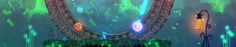Kuzo: Glowing forest scene with rune ring, floating orbs, and lantern on right.