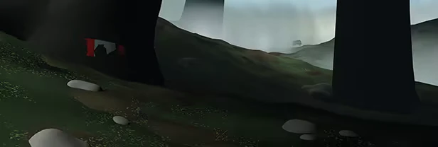 LAMINA BRUISE: A misty landscape with dark trees, rocky terrain, and red and white flags.