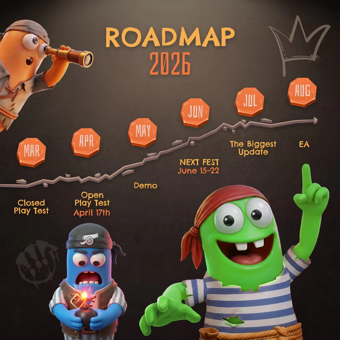 Roadmap 2026 – Last Pirates: Die Together Last Pirates: Roadmap 2026 graphic with cartoon pirates and month icons Mar–Aug.