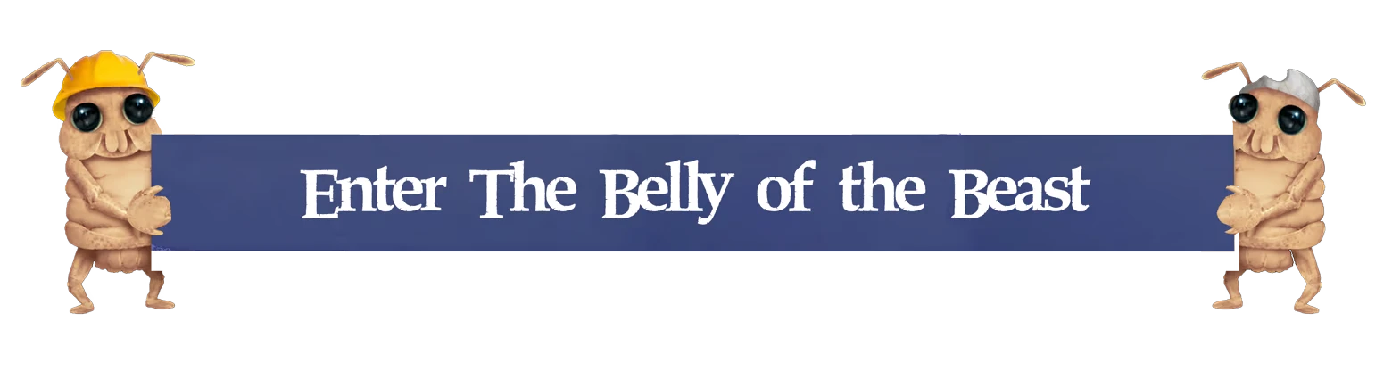 Last Wail of the Sea King: Blue banner reads “Enter The Belly of the Beast” with bugs.