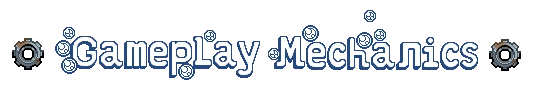 Lavatro: White pixel text “Gameplay Mechanics” with bubbles and gears on black background.