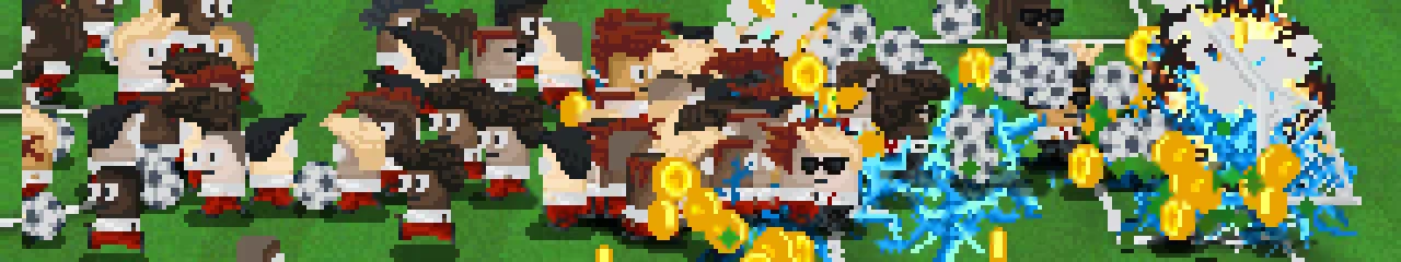 Coin Explosion Chaos – Lazy Kickers Lazy Kickers: Pixel soccer crowd, flying balls, gold coins, blue lightning, explosion cloud.