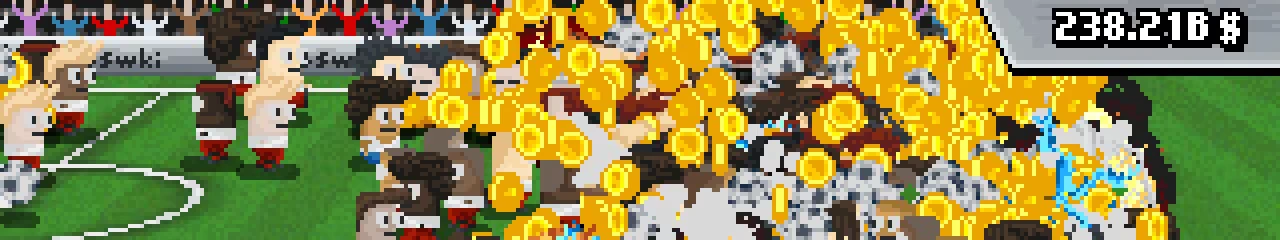 Coin Storm Field – Lazy Kickers Lazy Kickers: Pixel soccer crowd with coin burst; top-right score reads 238.21B #.