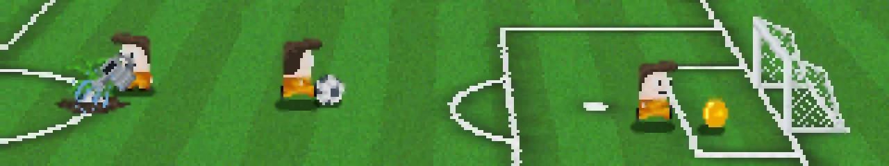 Goal Coin Shot – Lazy Kickers Lazy Kickers: Pixel soccer field with players, ball, goal net, and gold coin icon.