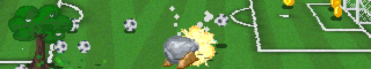 Meteor Impact Goal – Lazy Kickers Lazy Kickers: Pixel soccer field with tree, flying balls, explosion, and goal coins UI.