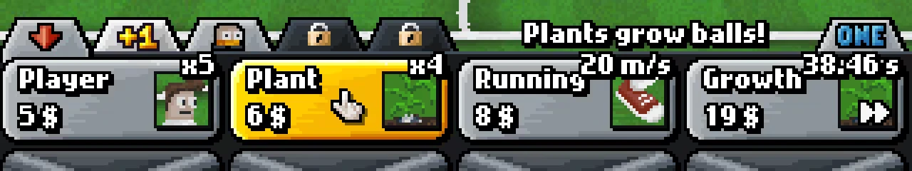 Plant Upgrade Menu – Lazy Kickers Lazy Kickers: Pixel UI shop row with Player, Plant, Running, Growth cards and prices.