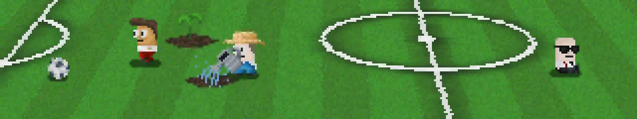 Watering Farmer Field – Lazy Kickers Lazy Kickers: Pixel soccer field with ball, two players, watering can, and suited man.