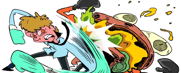 Leftovers KO!: A person with boxing gloves punches a pizza slice with animated toppings.