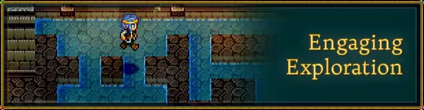 Engaging Exploration – Legends of Astravia Legends of Astravia: Character in blue hat explores a pixelated dungeon. Text: "Engaging Exploration".