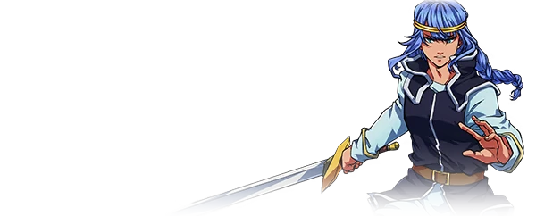 Sword Wielder – Legends of Astravia Legends of Astravia: Blue-haired warrior with a sword, wearing a dark tunic and headband.