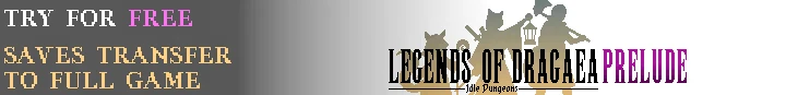 Legends of Dragaea: "Try for Free" text in bold, pixelated style; game logo with character silhouettes.