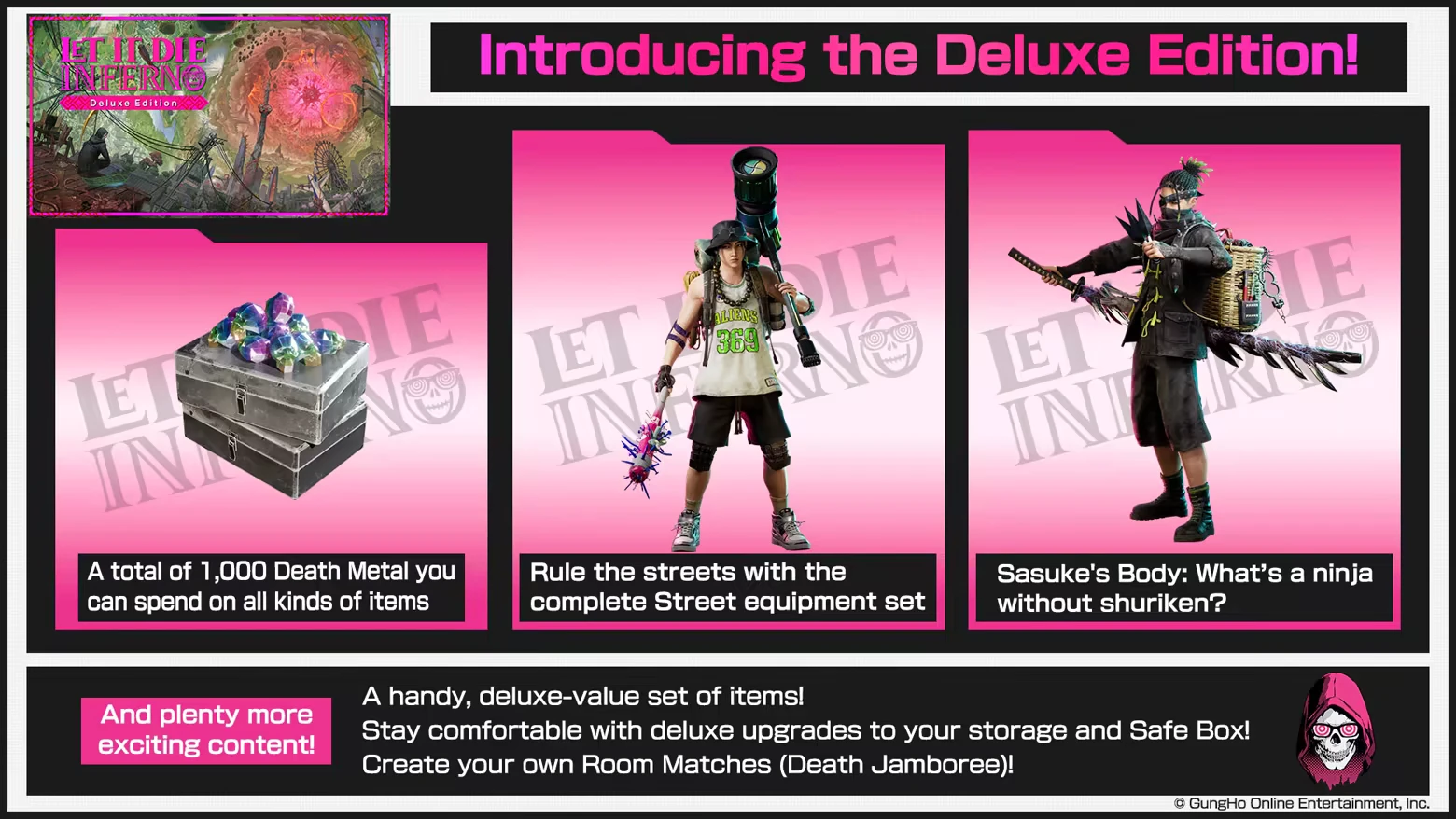 LET IT DIE: Deluxe Edition features Death Metal, Street equipment, and Sasuke's ninja set.
