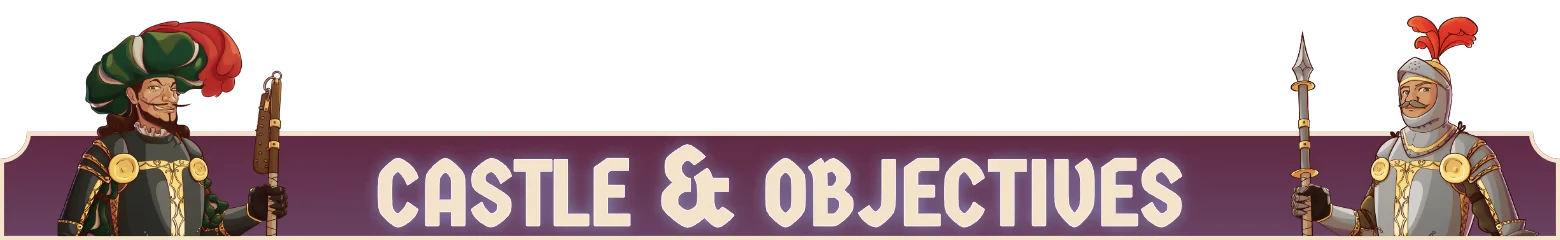 Let Them Trade: Two characters flank "Castle & Objectives" text on a purple banner.