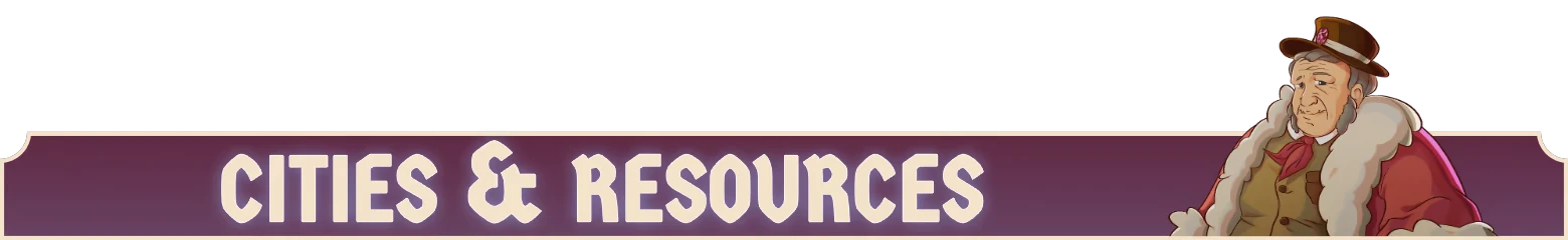 Let Them Trade: "Cities & Resources" text with a man in a fur coat and hat on the right.