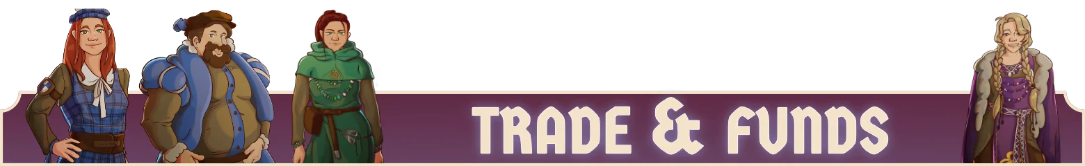 Let Them Trade: Four characters in medieval attire above "TRADE & FUNDS" text on a purple banner.