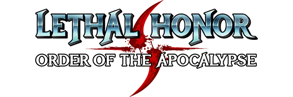 Order Logo – Lethal Honor - Order of the Apocalypse Lethal Honor: Metallic blue title with red scythe behind, white subtitle "Order of the Apocalypse".