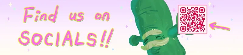 Letters To Arralla: "Find us on SOCIALS!!" text, green character, pink QR code with arrow.