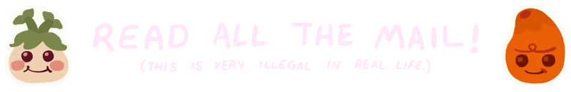 Letters To Arralla: Cute turnip and carrot icons flank pink text: "READ ALL THE MAIL!"