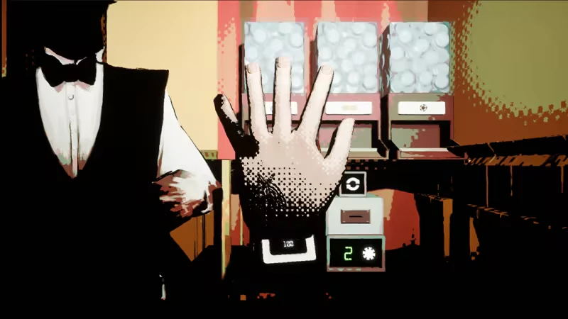 Libertine: A hand with a dotted texture, a suited figure, and three machines with glowing buttons.