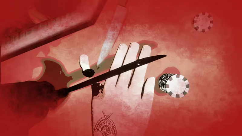 Libertine: A hand with a tattoo, knife, severed finger, and poker chips on a red background.