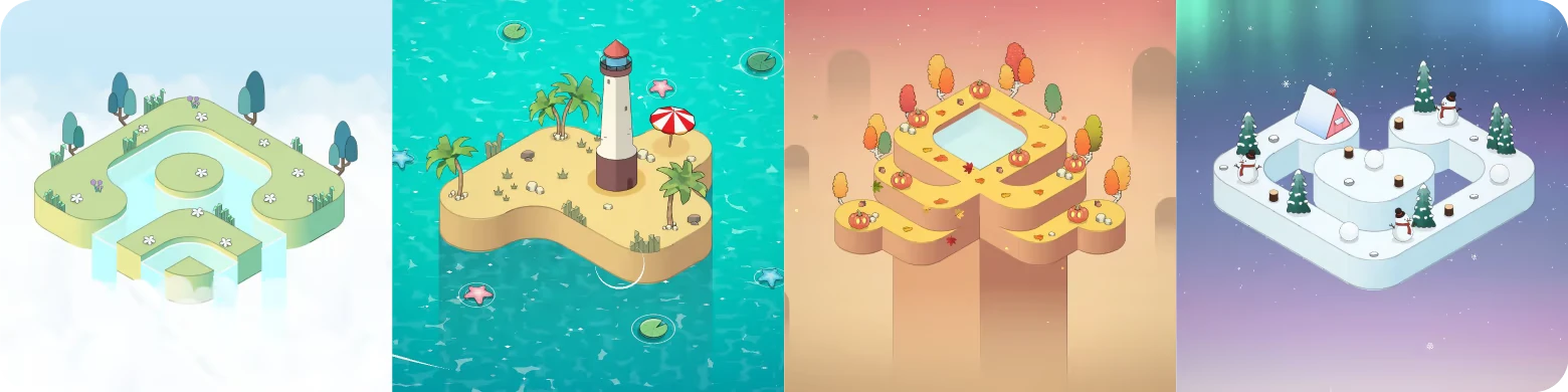 Life and Lemon: Four floating islands: pond, lighthouse beach, autumn plateau, snowy camp.