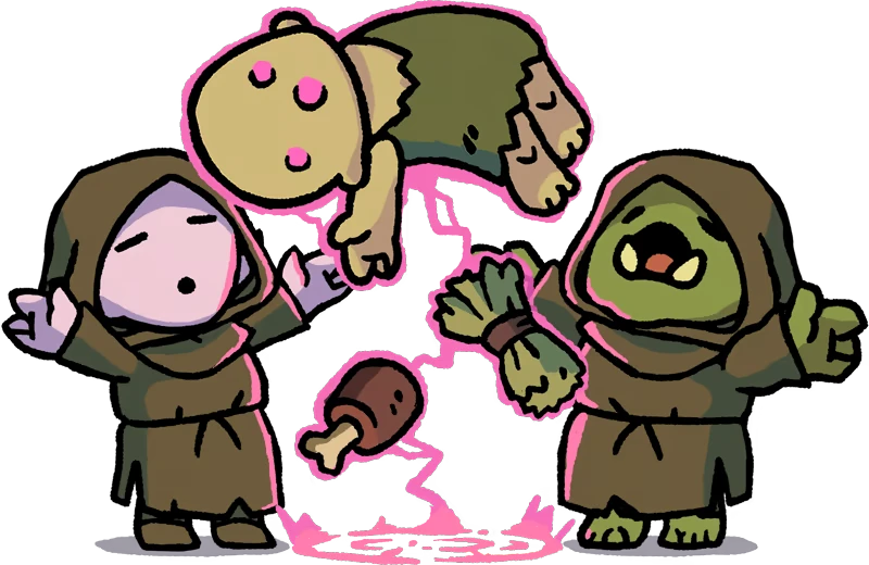 Liftlands: Two hooded figures levitate a doll, drumstick, and herbs with pink energy.