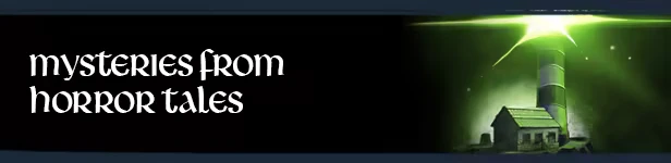 Lighthouse of Madness: White text “mysteries from horror tales” beside green lighthouse beam.