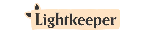 Lightkeeper: Beige logo with black serif font and two leaf-like shapes on the left.