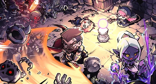 Altar Battle Scene – LightSup! LightSup!: Heroes battle monsters around a glowing altar orb in a stone dungeon.