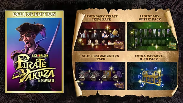 Like a Dragon: Deluxe Edition cover with pirate, sword, and DLC packs on parchment background.