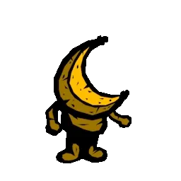 Litany: Yellow crescent-shaped figure with small arms and feet on black background.