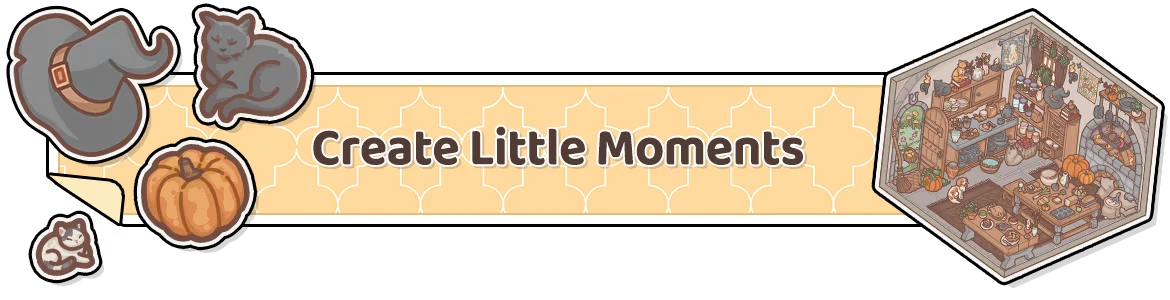 Little Corners: Witch hat, cats, pumpkin stickers on yellow; cozy kitchen scene with food.