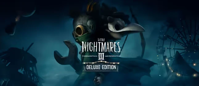 Little Nightmares III: Two masked figures in fog, ferris wheel in background, "Deluxe Edition" text.