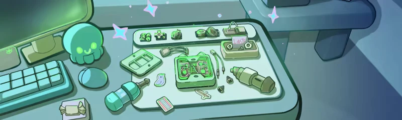 Little Repair Shop: Workbench with tools, circuits, a cute green octopus, and a glowing monitor.