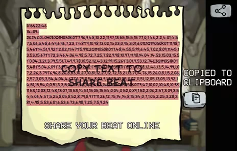 Lo-Fi Room: Torn paper with beat codes, "COPY TEXT TO SHARE BEAT" and "COPIED TO CLIPBOARD."