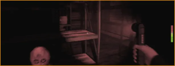 LockYourDoor: Dimly lit room with shelves, a flashlight in hand, and a vertical health bar.