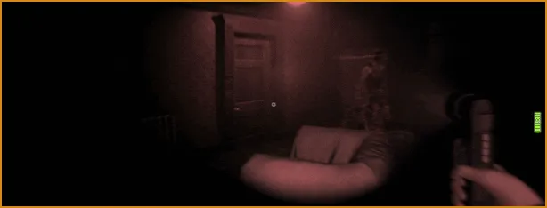 LockYourDoor: Dimly lit room with a door, figure, couch, and flashlight in hand, battery icon.