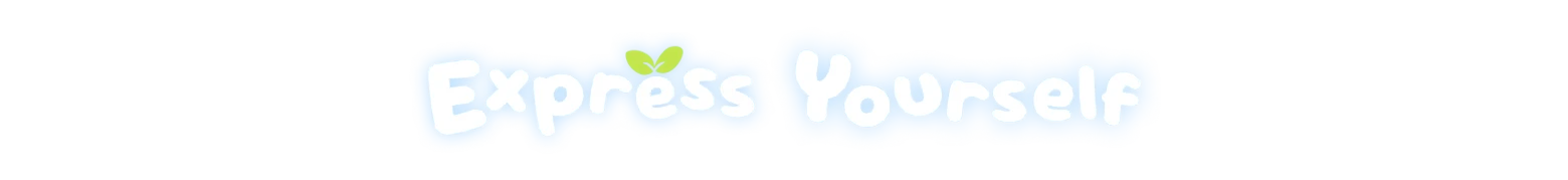Loftia: Blue bubble text reading “Express Yourself” with a small green sprout icon.